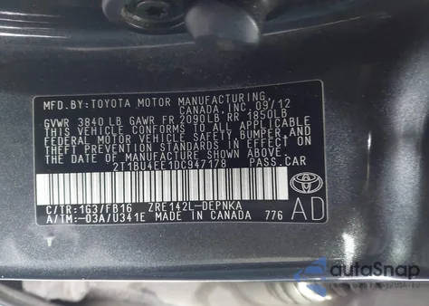2013 Toyota Corolla Le from USA, damaged, VIN 2T1BU4EE1DC947178
